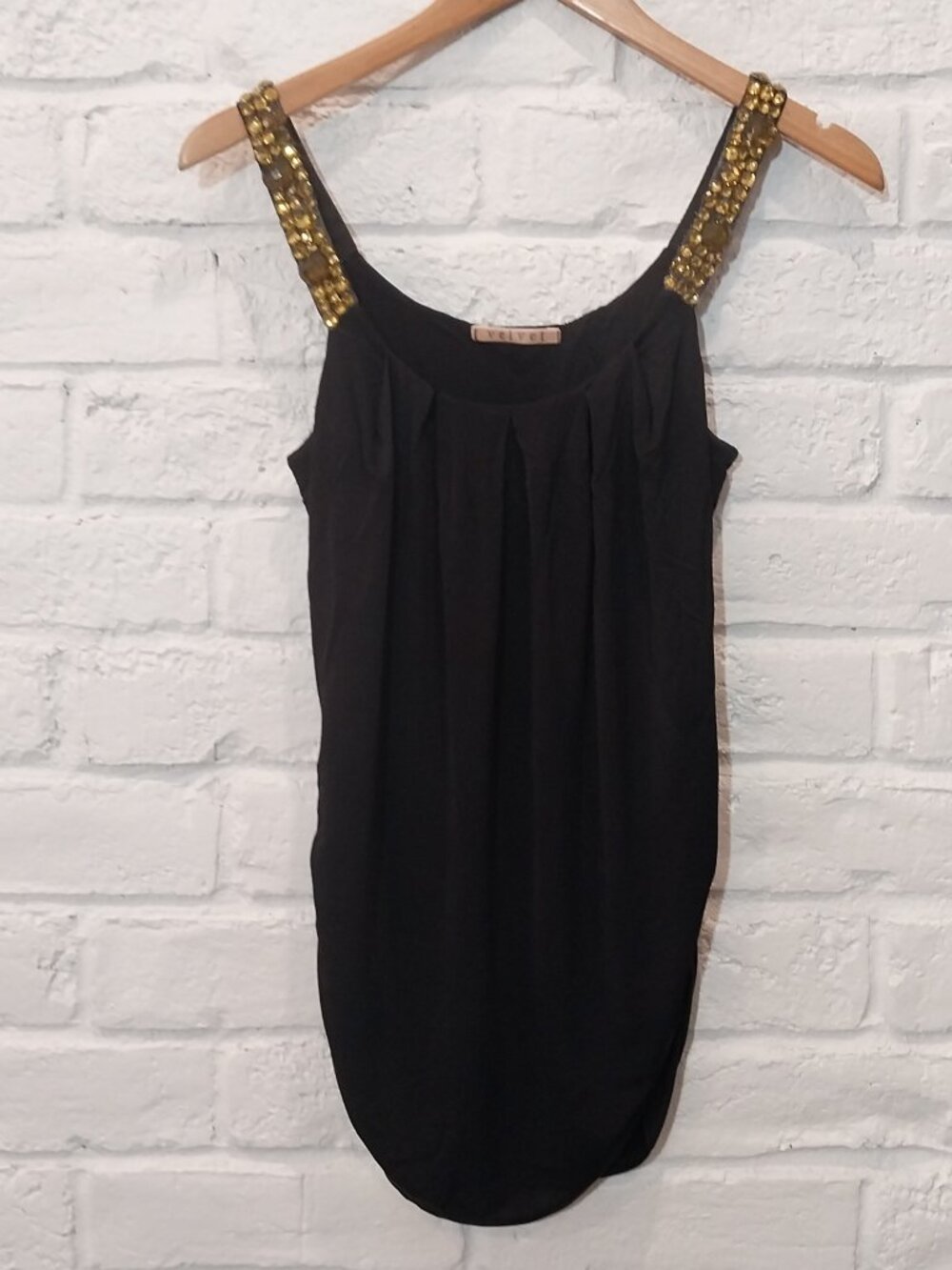 Strappy Black Tank Top S 4 Yellow faceted Faux Amber Stones Stretch Lined USA